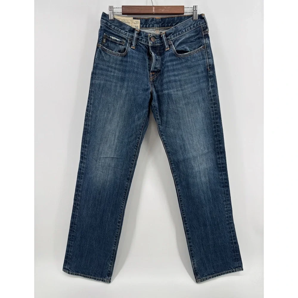 Abercrombie & Fitch Mens Blue Denim Whiskered Straight Leg Jeans 31x30